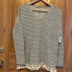 Ruff Hewn Gray & Cream Striped V Neck Tassel Trim S